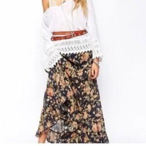 Ralph Lauren Denim Supply Floral Tiered Maxi Skirt Elastic Waist Gray Size XS